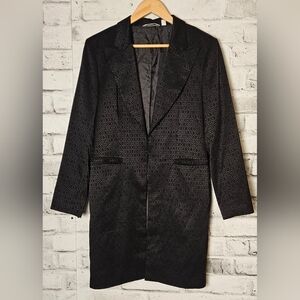 NEXT Black Longline Jacquard Blazer Coat Geometric Textured UK 16